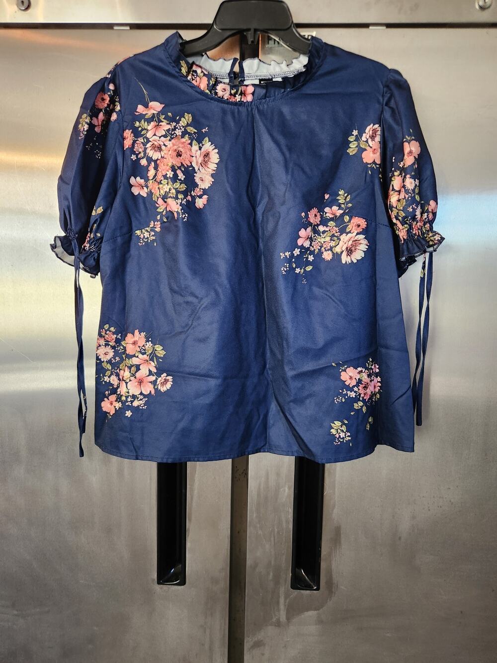 SHEIN Curve Womens Floral Blouse 0XL | Navy Pink Puff Sleeve Ruffle Mock Neck